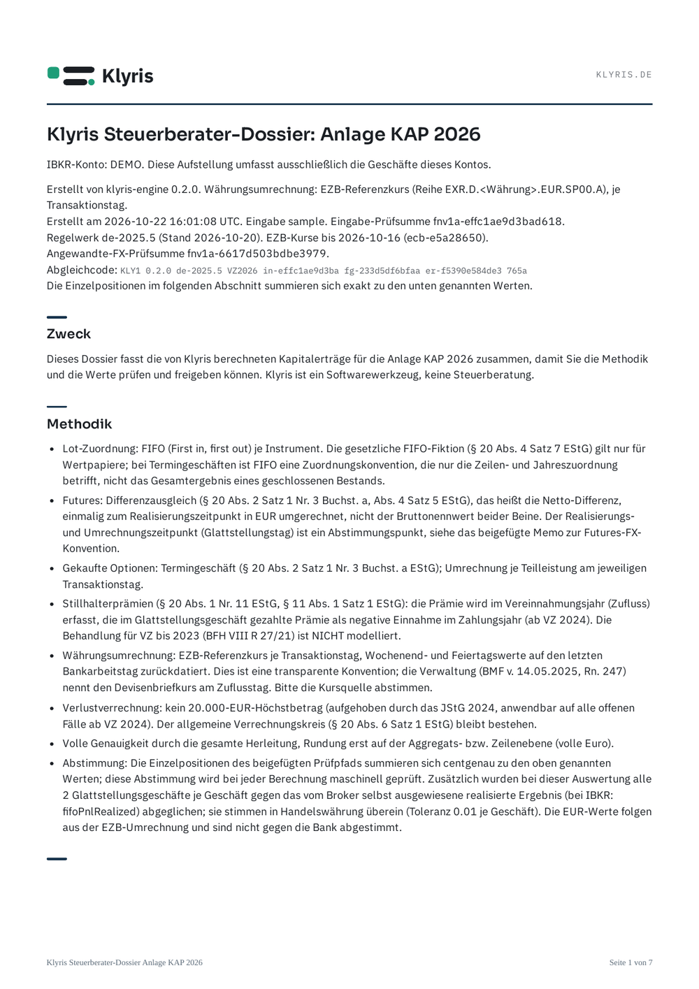 Erste Seite des Steuerberater-Dossiers zum Beispiel-Datensatz: Briefkopf, Zweck, Methodik mit Rechtsgrundlagen und der Beginn der Anlage-KAP-Werte.