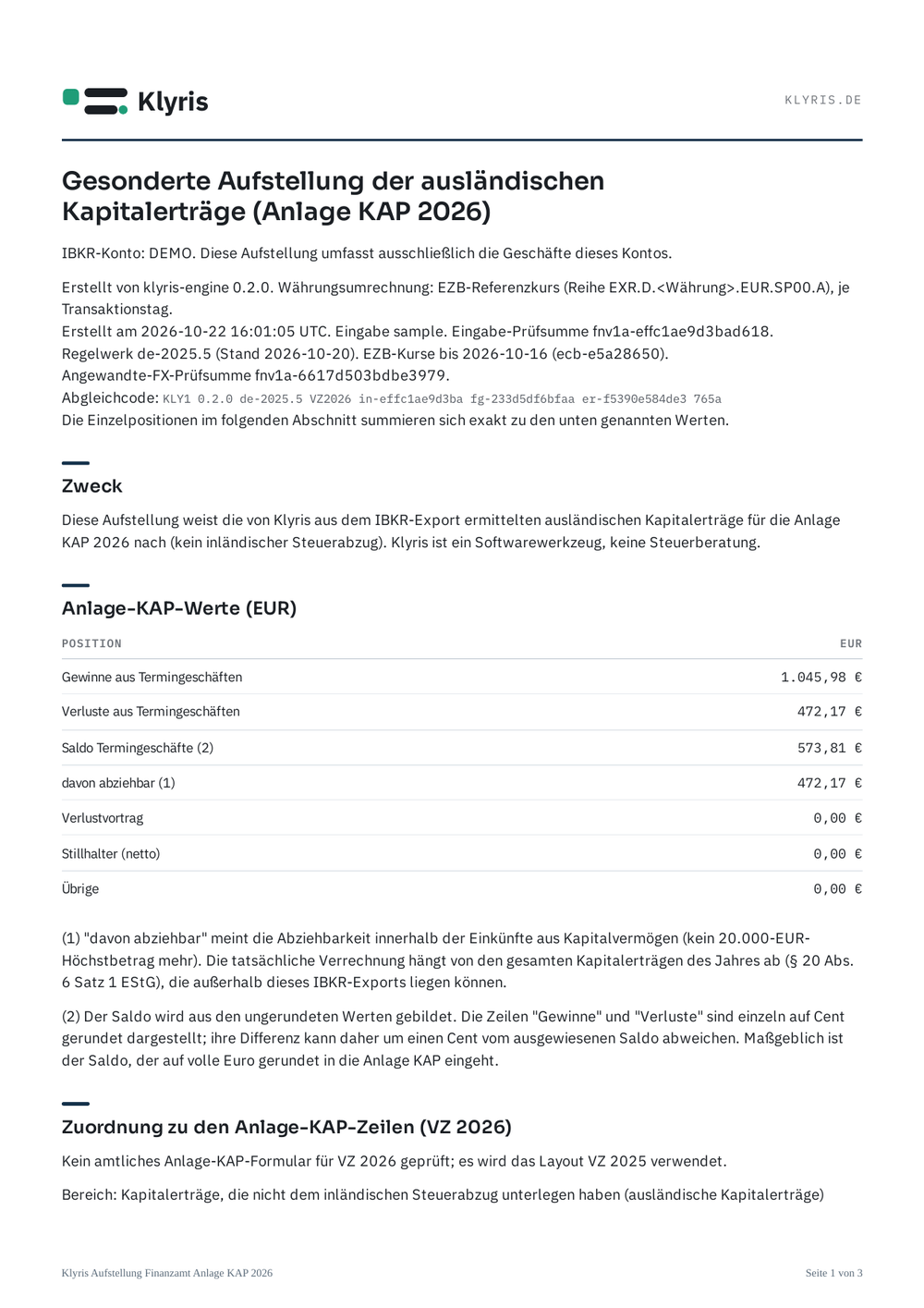 Erste Seite der Aufstellung fürs Finanzamt zum Beispiel-Datensatz: Briefkopf, Zweck, die Anlage-KAP-Werte in Euro und der Beginn der Zuordnung zu den Anlage-KAP-Zeilen.